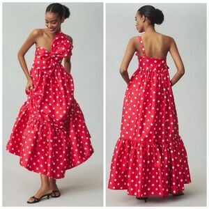 Anthropologie Atsu Sally Bow Midi Dress Red White Polka Dot XS